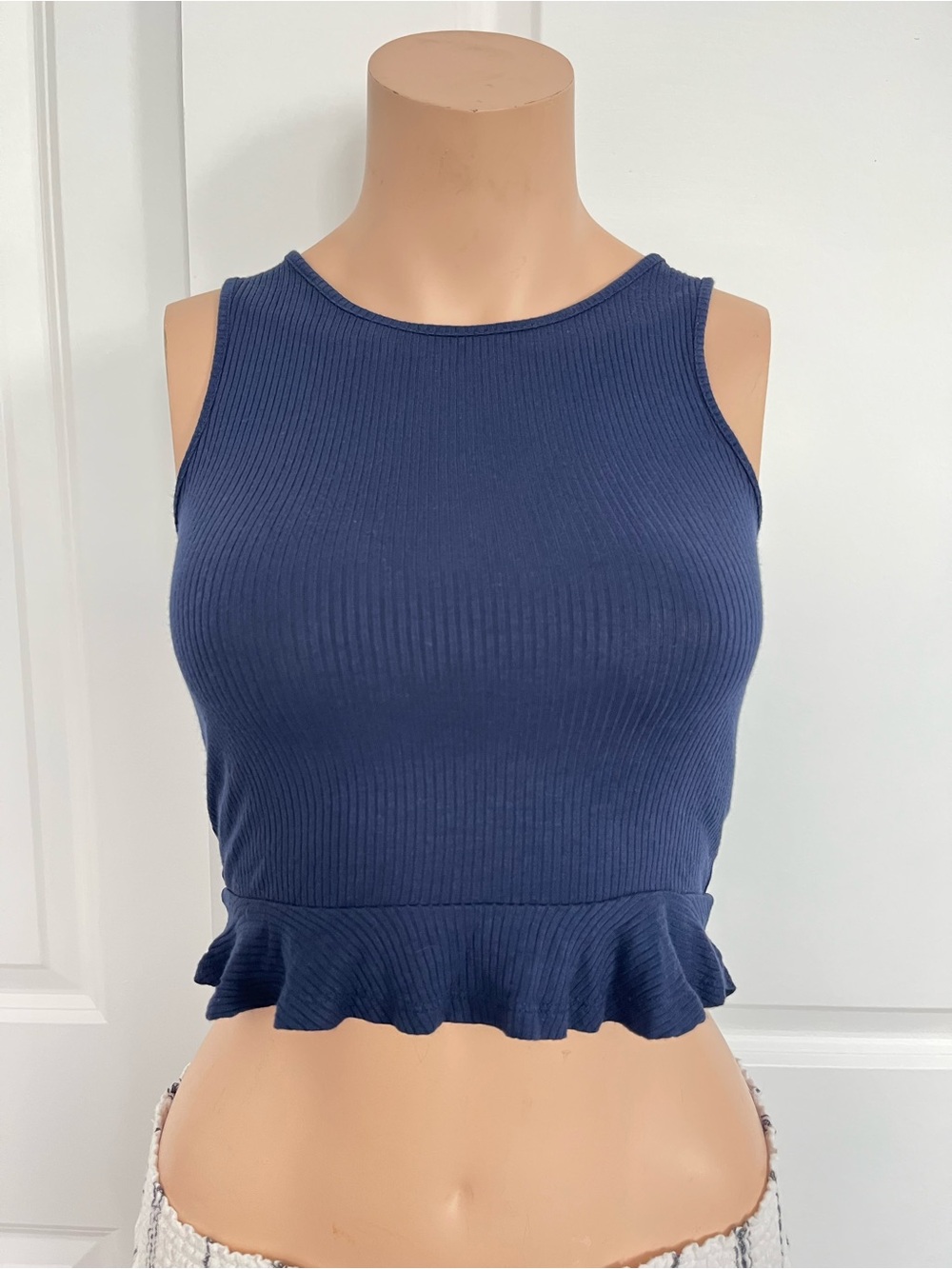 Forever 21 Navy Ribbed Ruffle-Hem Crop Top